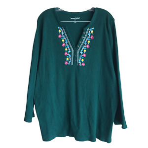 Woman Within Women's Waffle Knit Henley Sweater Plus 2X 26/28 Green Embroidered