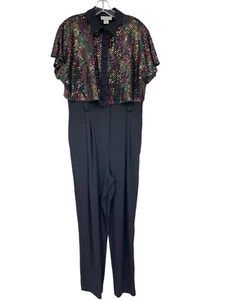 MENU Vintage Jumpsuit Coveralls Rainbow Sequins Short Sleeve Taper Leg Womens 14 - Picture 1 of 22
