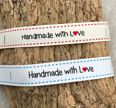 Sew in Labels Handmade with Love Ribbon fabric labels white cream craft clothes - Image 1 of 4