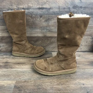 UGG Zipper Tall Boots Chocolate Brown Leather Sheepskin Size 5 F3007E - Picture 1 of 10