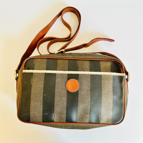 AUTENTICA BORSA A TRACOLLA FENDI VINTAGE RIVESTITA TELA PEQUIN MADE IN ITALY