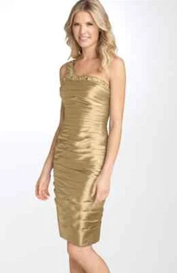 Adrianna Papell One Shoulder Ruched Satin Dress Sz 4 Gold - Picture 1 of 2