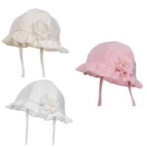Baby Girls Sun Hat Broderie Anglaise Flower Pink White Cream | 0-24 months - Picture 1 of 7