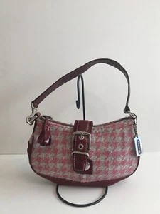 RARE COACH WOOL & SUEDE HOUNDSTOOTH PINK/BURGUNDY BUCKLE DEMI SHOULDER BAG PURSE - Picture 1 of 2