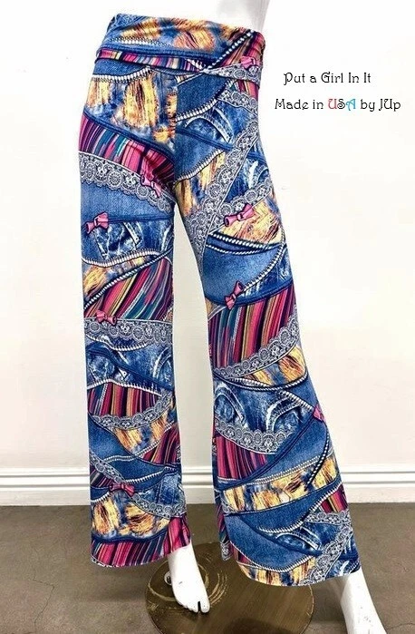 Nuevo PANTALONES PALAZZO JUp USA Mujer AZUL DENIM LOOK ROSA BOHEMIO GITANO BOHO S M L Foto 1 de 1