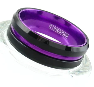 Black Tungsten Ring with Purple Stripe 6mm - Size 7.5 - Picture 1 of 3