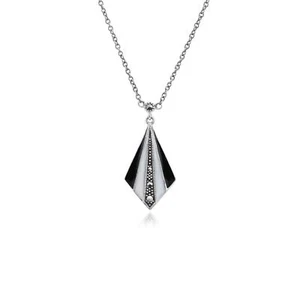 Plata de Ley Art Déco Estilo Marcasita,Blanco y Negro Esmalte Abanico Colgante - Imagen 1 de 1