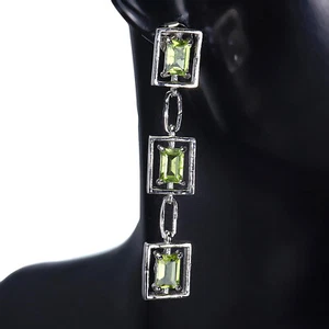Earrings Unheated Octagon Peridot 6x4mm 14K White Gold Plate 925 Sterling Silver - Picture 1 of 3