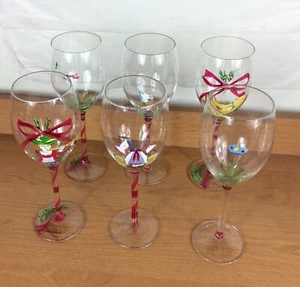 Festive Christmas Hand-Painted Crystal Wine Glasses 9” High Set Of 6 - Picture 1 of 8