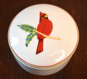 Vintage Macy's Lidded Small Round Trinket Box with Red Cardinal - Picture 1 of 5