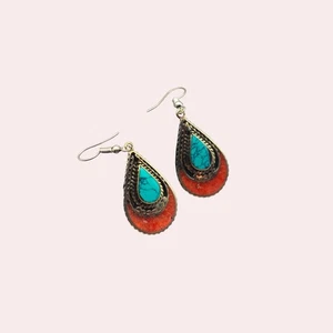 Multicolour Vintage Tibetan Teardrop Dangle Earrings - Picture 1 of 9