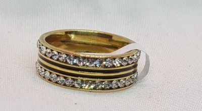 Edelstahl Ring mit 2 Reihen Strass und schwarzer Emalie Gr.16 bis 20 - Bild 1 von 3