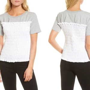 NWT Chelsea28 Smocked Top Blouse Heather Grey / White Cotton Blend Size L - Picture 1 of 3