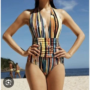 Nuevo con etiquetas Traje de baño Sauipe Eva para mujer multicolor a rayas cuello halter de una pieza talla L - Imagen 1 de 9