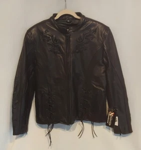Giacca moto Xelement donna nera 100% pelle ricamata taglia media nuova con etichetta - Foto 1 di 20