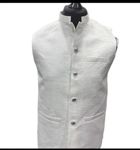 Men Eid party Wedding Waistcoat Nehru jacket off white suiting material ind Pak - Picture 1 of 9