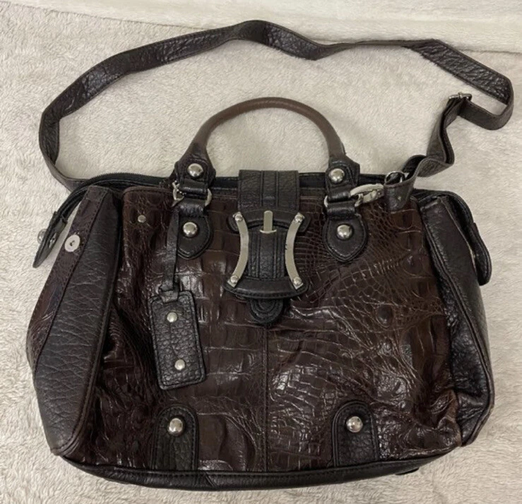 Bolso de Mano Interior Madi Claire Cuero Marrón Cocodrilo Púrpura con Correa Extra Bandolera Foto 1 de 4