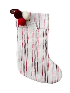Hearth & Hand Magnolia Christmas Stocking White With Red Stripe & Poms Textured - Picture 1 of 5