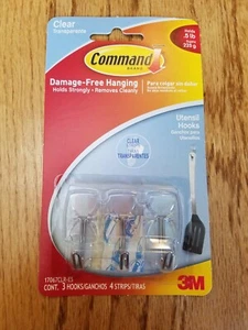Command UTENSIL HOOKS Clear 3 hooks/4 strips 17067CLR-ES NEW! Holds .5lb each - Picture 1 of 2