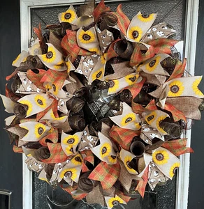 Beautiful Fall Sunflower & Cotton Deco Mesh Front Door Wreath Decoration Decor - Picture 1 of 6