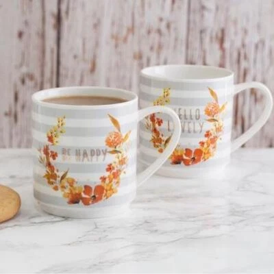 Juego de 2 tazas apilables té café bebidas calientes gris floral amarillo taza porcelana fina Foto 1 de 3