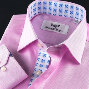 Camisa de vestir formal de negocios rosa espina de arenque puño con botones con bolsillo en el pecho - Imagen 1 de 7