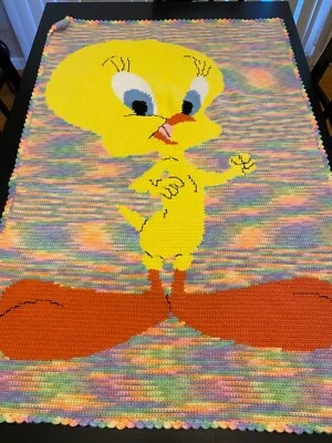 手工针织 Tweety 鸟毛毯 49 英寸 X 33 英寸 惊人的细节! — 第 1/4 张图片