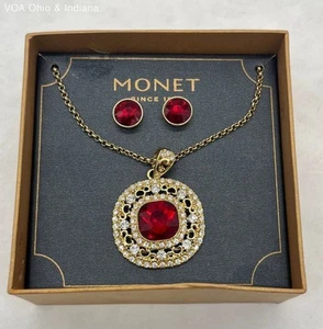 Monet Goldtone With Red & White Rhinestone Statement Necklace &Stud Earrings Set - Picture 1 of 8