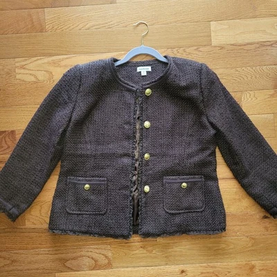 Chaqueta tejida para mujer Joan Rivers marrón botones metálicos dobladillo con volantes talla 14 Foto 1 de 4