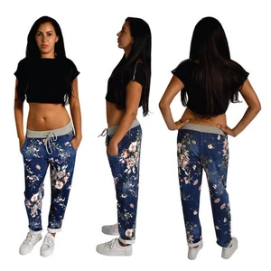 Ladies Dark Denim Blue Floral Print Casual Lounge Wear Jogger Trousers  - Picture 1 of 8