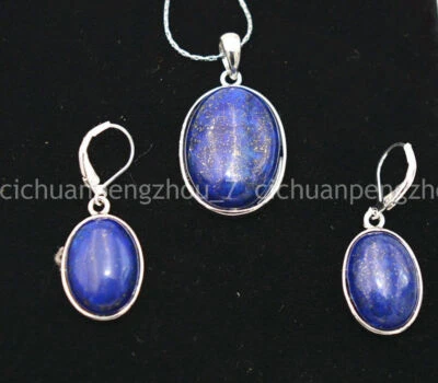 Natural Blue Lapis Lazuli Oval Pendant 925 Silver Chain Necklace Earrings Set - Image 1 of 4