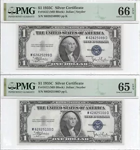 1935C $1 SILVER CERTIFICATES, 2 PMG GEM Uncirculated 65/66 EPQ Banknotes. - Picture 1 of 5