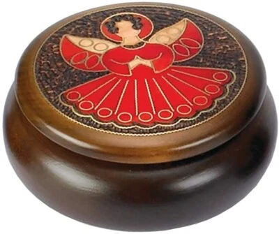 RED ANGEL Round Wood Box Handmade Jewelry Keepsake Made in Poland  - Image 1 of 3