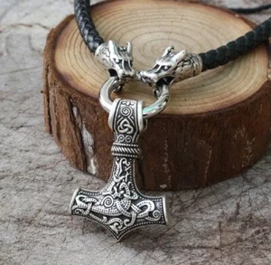 Men's Nordic Viking Hammer Pendant Wolf Head Leather Rope Chain neckless Gift - Picture 1 of 6