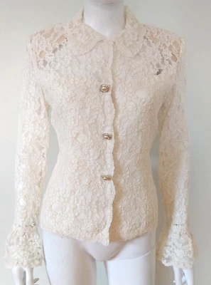 90s Rickie Freeman Embroidered lace rhinestone button Formal top Bridal blazer M - Image 1 of 4