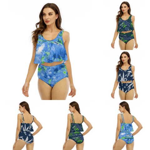 Seattle Seahawks 2PCS Bikini Swimsuit Ruffled Top High Waist Ruched Bottom Set Cover