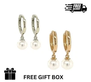 14k Yellow or White Gold Pearl Huggie Dangle Earrings - Picture 1 of 3