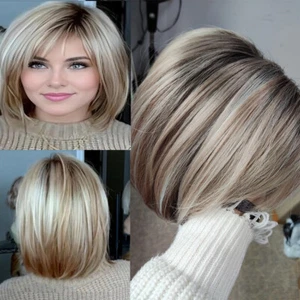 Short Bob Wigs with Bangs Fashion Blonde & Brown Straight Hair Costume Party Wig - Picture 1 of 15