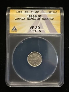 1883 H Canada 5 Cents Anacs Vf 30 Details Cleaned Damaged Silver Victoria - Picture 1 of 9