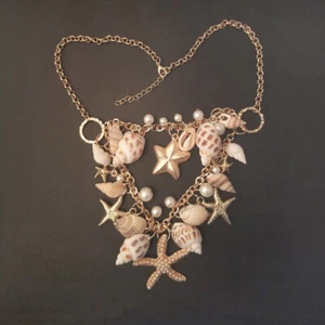 Vintage Mermaid Necklace Seashell Pearl Bib Pendant Statement Beach - Picture 1 of 11