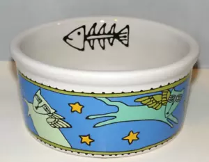 Ursula Dodge Blue Angel Cat Food Water Bowl Plato Gres 6" Alas Majesty - Imagen 1 de 8