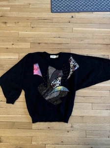 Vintage 90s Carducci 70% ANGORA Black Embroidered Beaded Sweater M - Bild 1 von 7
