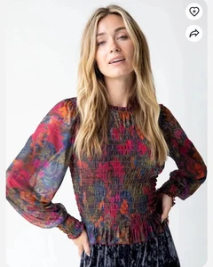 Natural Life Women’s Size M Floral Mesh Smocked Stretch Lettuce Neck Boho Top - Picture 1 of 14