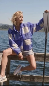 Free People Hit The Slopes Printed Fleece Jacket Blue Irish Gingham Combo XS NEW - Picture 1 of 6