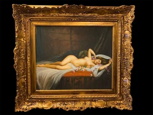 Dipinto Olio su Tela Nudo Femminile con Cornice Barocca in Legno Dorato 80x90 cm - Picture 1 of 8