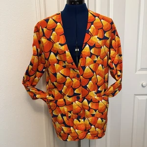 Vintage Halloween Fall Candy Corn Scrub Jacket Top Work Size Large - Picture 1 of 16