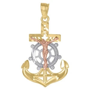 10K Tri-color Gold Anchor Cross Crucifix Religious Charm Pendant for Women - Picture 1 of 1