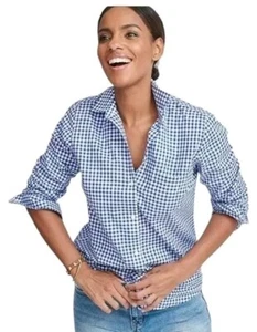 UNTUCKit Women's Size 6 Belleza Navy Blue Gingham Button Down Shirt Preppy - Picture 1 of 10