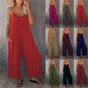Women's Summer Strappy Baggy Jumpsuit Loose Wide Leg Holiday Play-suit Romper UK - Picture 1 of 31