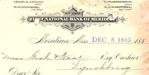 1885 MARIDIAN MISSISSIPI FIRST NATIONAL BANK OF MERIDIAN R E GISH TOBACCO 43-9 - Picture 1 of 3